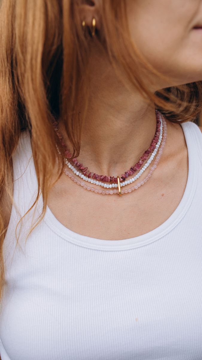 Schéma Collier multirangs en pierres gemmes et perles en nacre