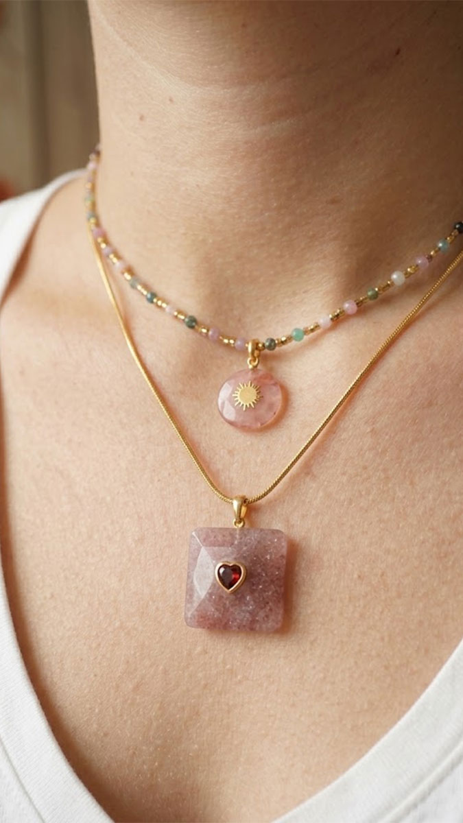 Schéma Duo de colliers en pierres naturelles tourmaline et quartz rose