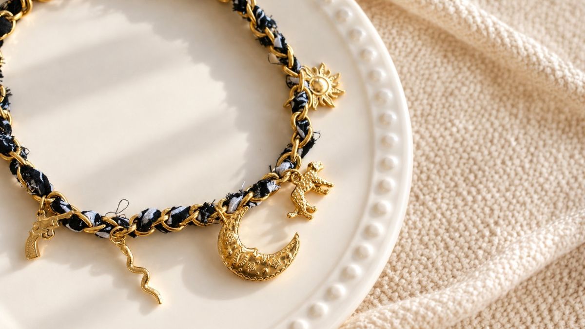 Schéma Collier bandana noir et pendentifs dorés