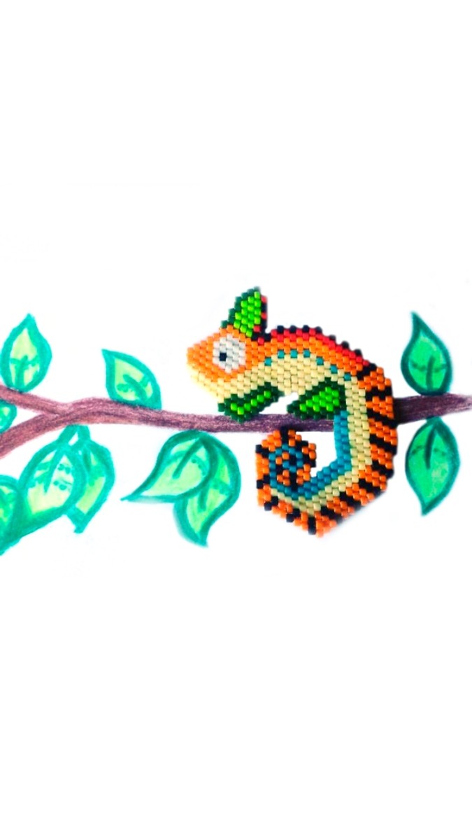 Schéma DIY Tissage brick stitch en perles Miyuki Delicas motif caméléon